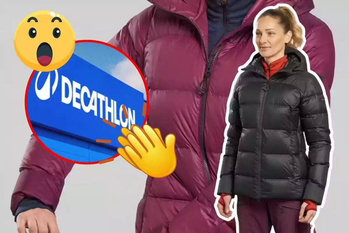 Una dona amb jaqueta encoixinada negra amb un cartell de Decathlon i emojis de sorpresa i aplaudiments.