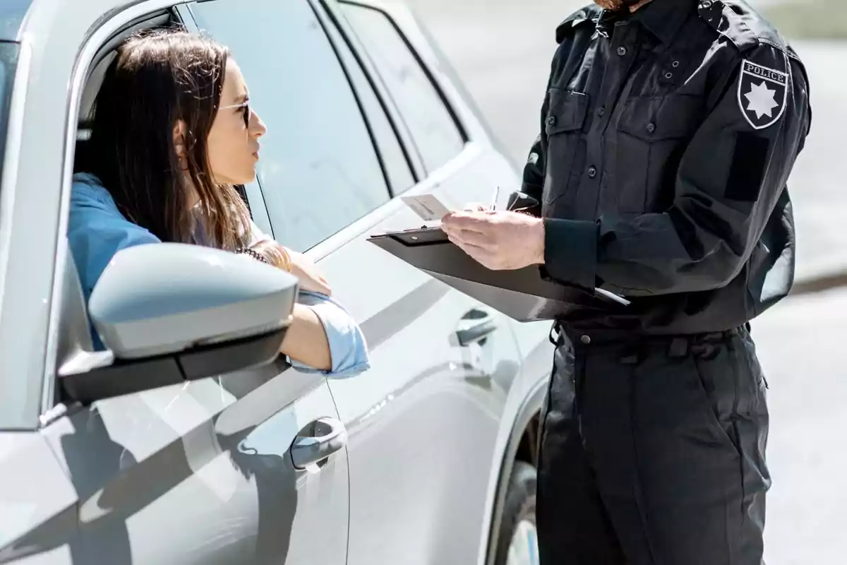 Una dona en un cotxe parlant amb un oficial de policia que sosté una llibreta i un bolígraf.