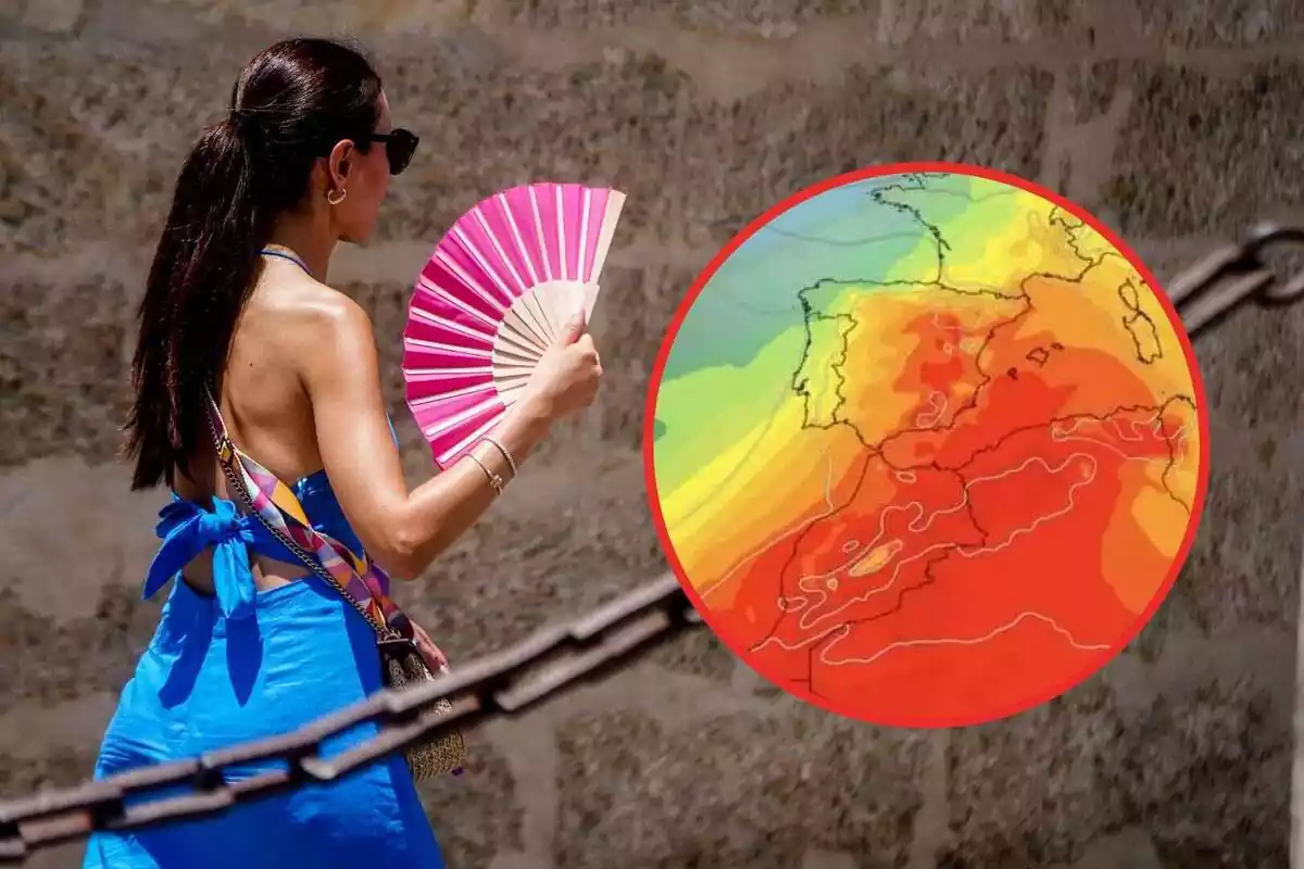 Una dona ventant-se i un mapa amb l'onada de calor