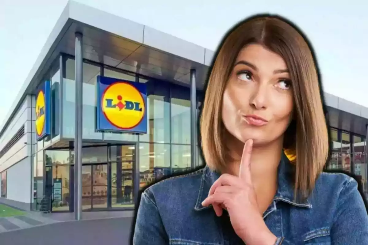 Una dona pensativa davant de l'entrada d'un supermercat amb el logotip visible.