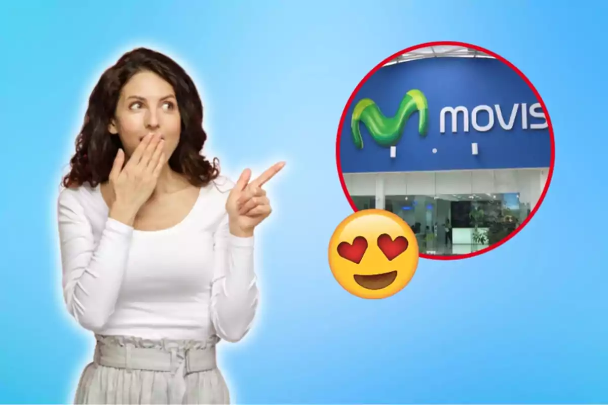 Una dona amb expressió de sorpresa i una mà a la boca assenyala un logotip de Movistar dins d'un cercle vermell, acompanyat d'un emoji amb ulls de cor.