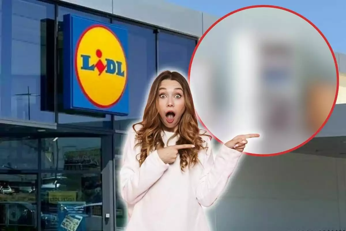 Una dona sorpresa assenyala cap a un cercle borrós davant d'una botiga Lidl.