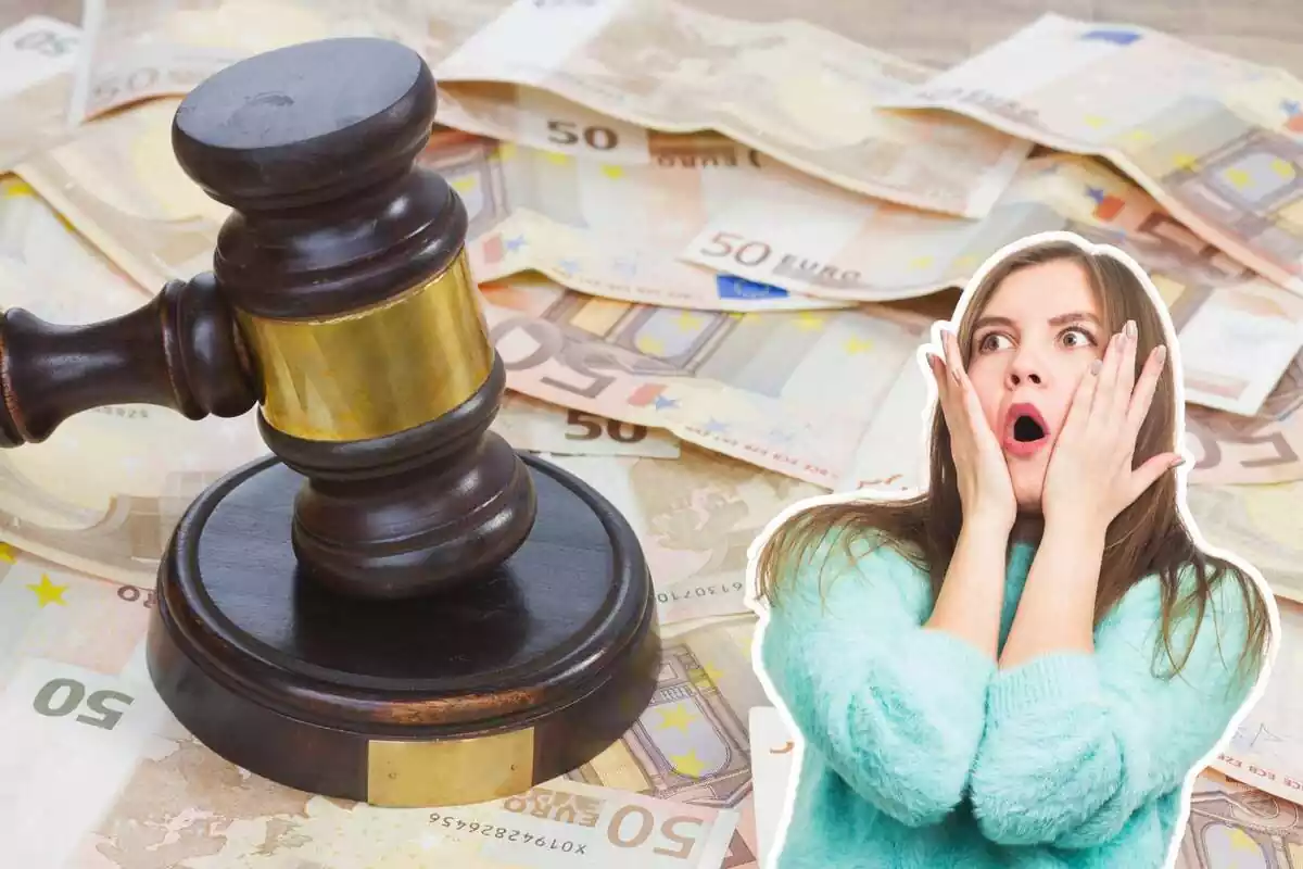 Imatge de fons de molts bitllets de 50 euros amuntegats amb un mall de jutge a sobre i una altra imatge d'una dona espantada