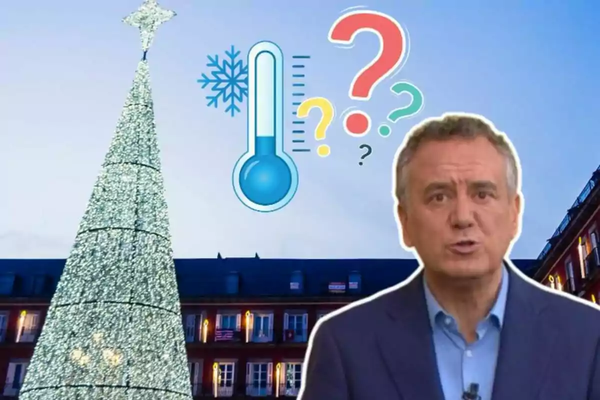 Un home en vestit davant d'un arbre de Nadal il·luminat amb un termòmetre i signes d'interrogació al cel.