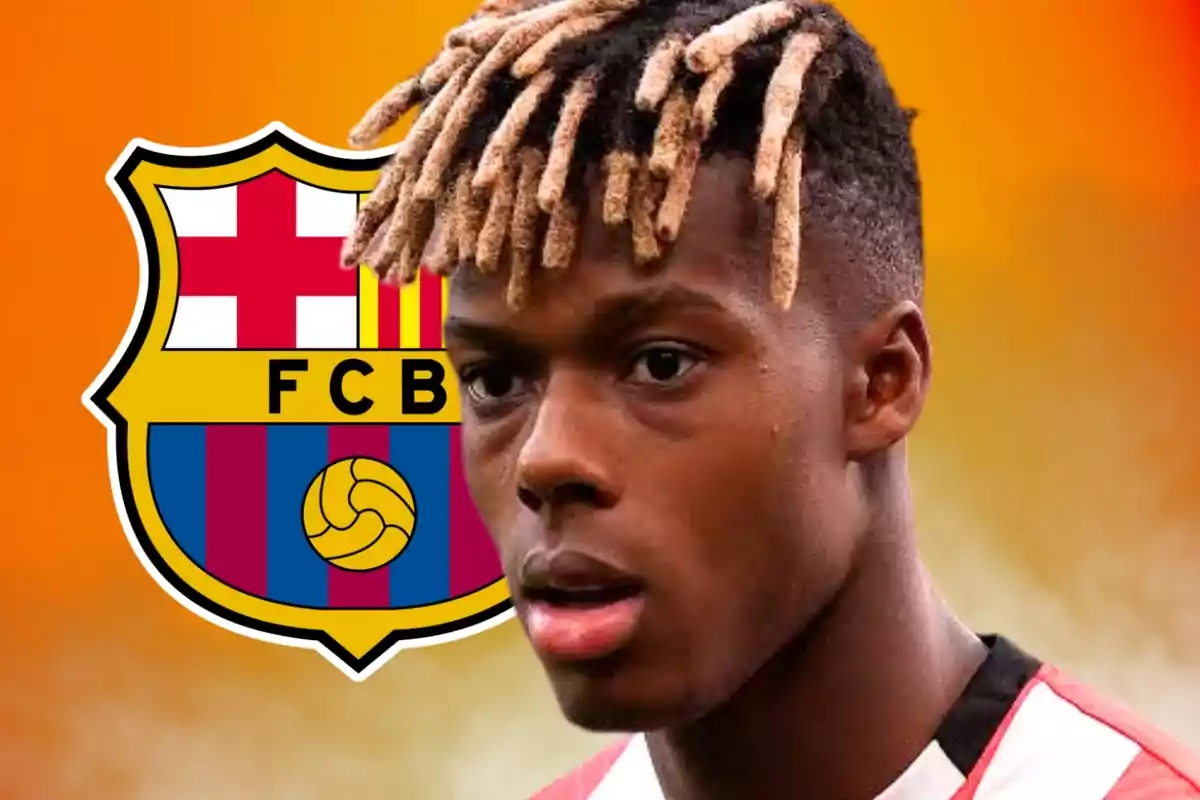 A player with the FC Barcelona crest in the background.