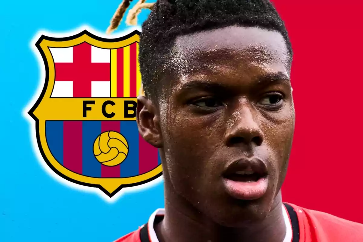 A player with the FC Barcelona crest in the background.
