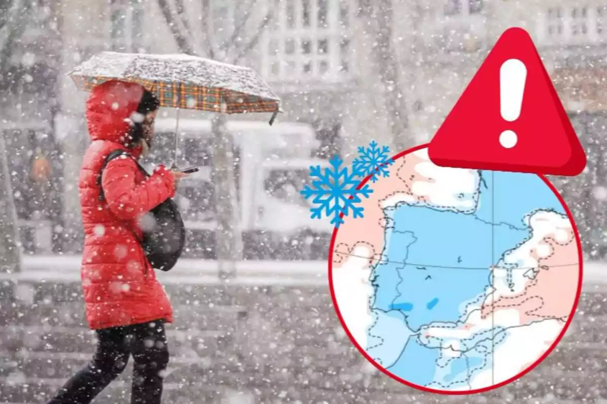 Una persona amb abric vermell i paraigua camina sota la neu mentre consulta el seu telèfon mòbil, al costat d'un gràfic d'alerta meteorològica que mostra un mapa d'Espanya.