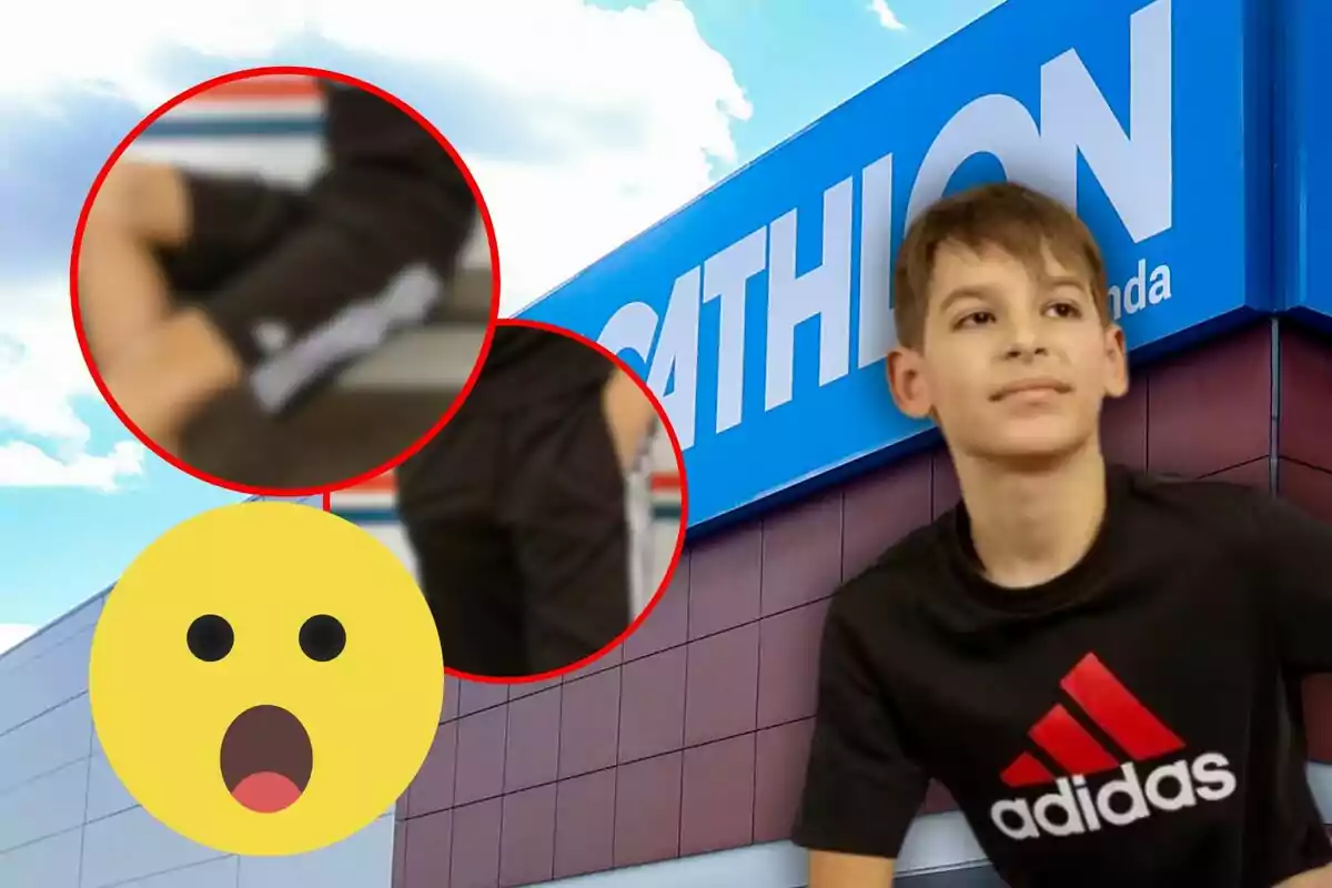 Un nen amb samarreta negra d'Adidas és davant d'un edifici de Decathlon amb un cel blau de fons i hi ha un emoji sorprès a la imatge.