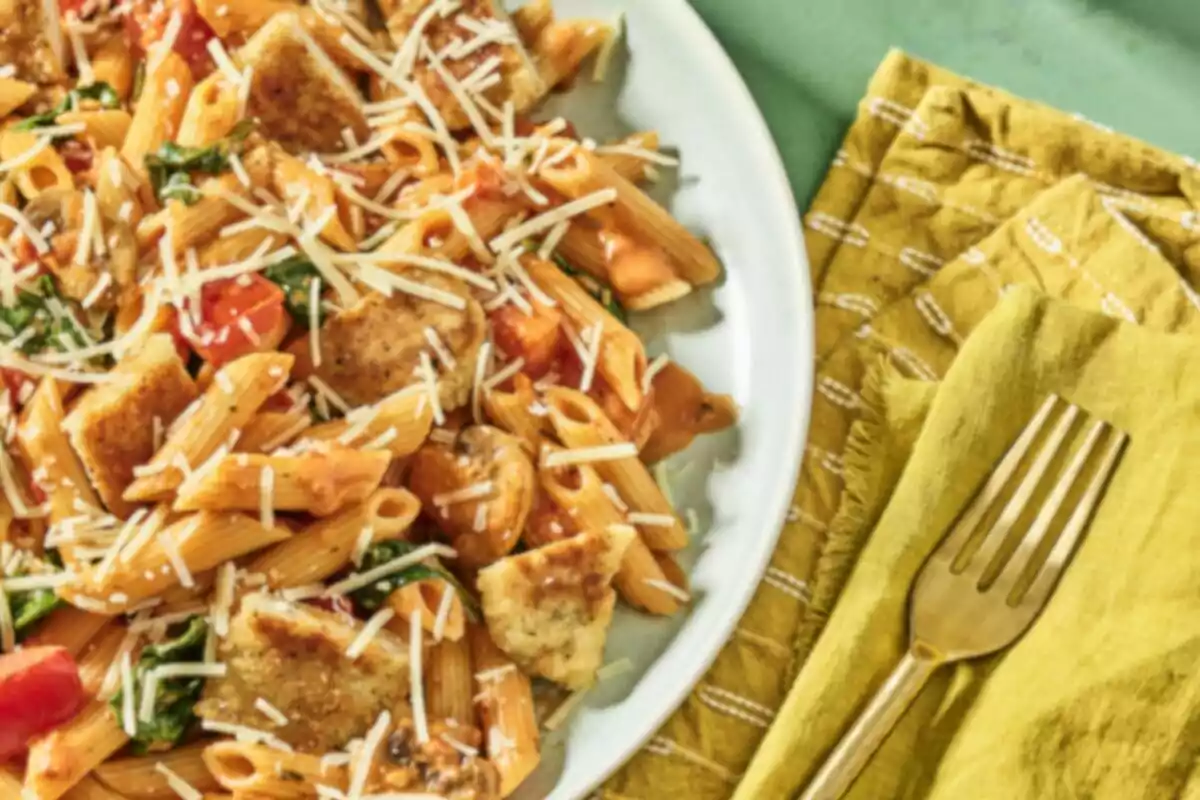 A plate of penne pasta with pieces of breaded chicken, spinach, tomatoes, and grated cheese, accompanied by a golden fork on a yellow napkin. A plate of penne pasta with pieces of breaded chicken, spinach, tomatoes, and grated cheese, accompanied by a golden fork on a yellow napkin.