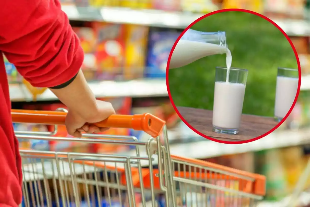 Persona empenyent un carretó de compres en un supermercat amb un requadre que mostra llet sent abocada en un got.