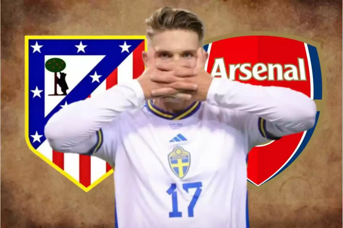 A player in a Sweden uniform covers his mouth with his hands, with the crests of Atlético de Madrid and Arsenal visible in the background.