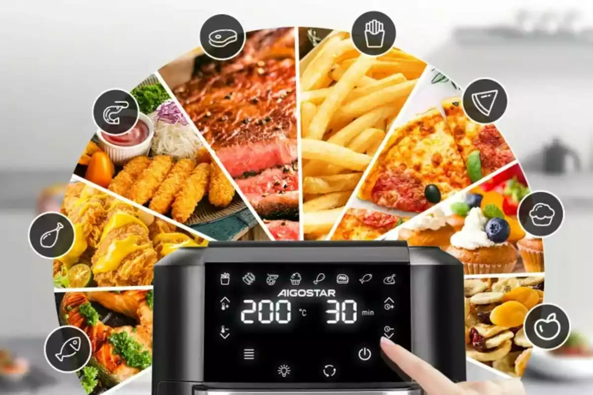 Una freidora de aire de Leroy Merlin con pantalla digital mostrando diferentes opciones de cocción para alimentos como papas fritas, pizza, pollo y postres.