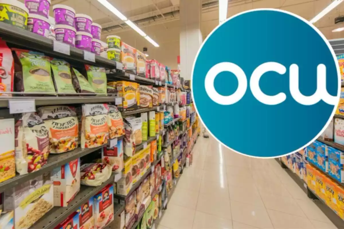 Pasillo de cereales de un supermercado y el logo de la OCU