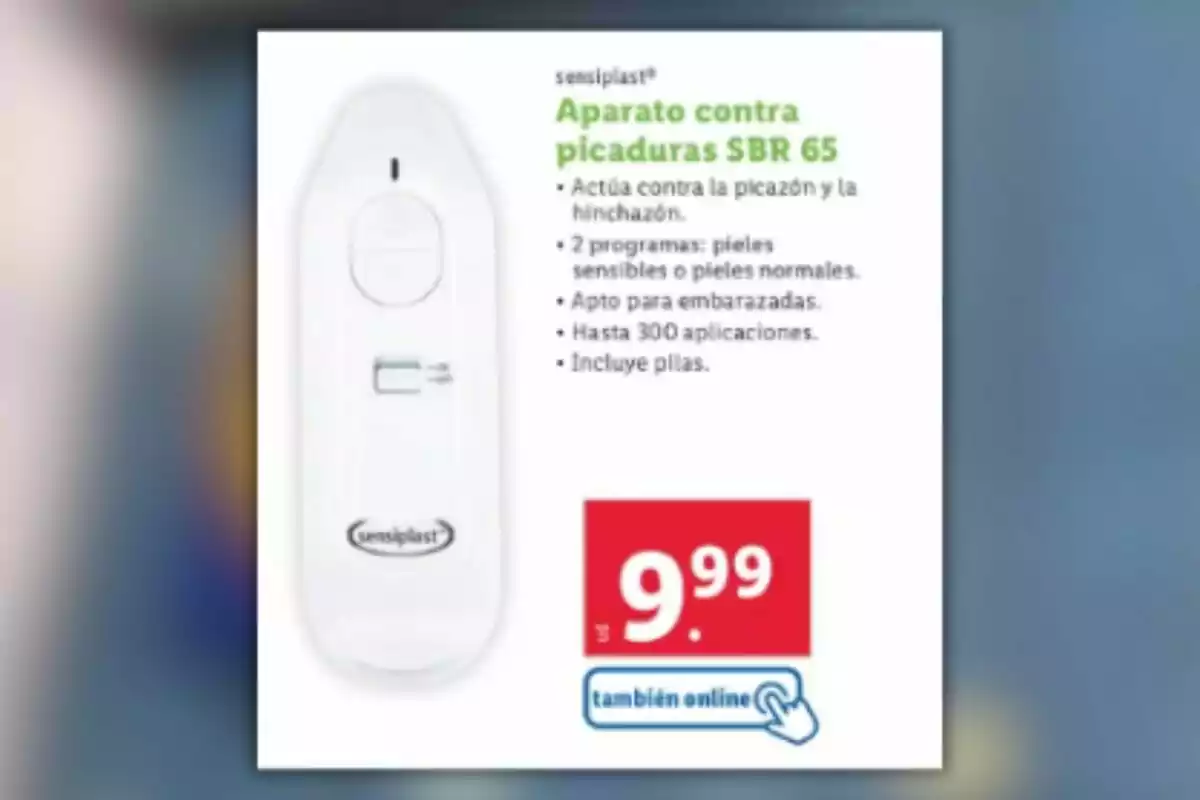 Imatge d'un dispositiu Sensiplast SBR 65 per alleujar picades, amb característiques com programes per a pells sensibles o normals, apte per a embarassades, fins a 300 aplicacions i inclou piles, amb un preu de 9,99 euros i disponible també en línia. Imatge d'un dispositiu Sensiplast SBR 65 per alleujar picades, amb característiques com programes per a pells sensibles o normals, apte per a embarassades, fins a 300 aplicacions i inclou piles, amb un preu de 9,99 euros i disponible també en línia.