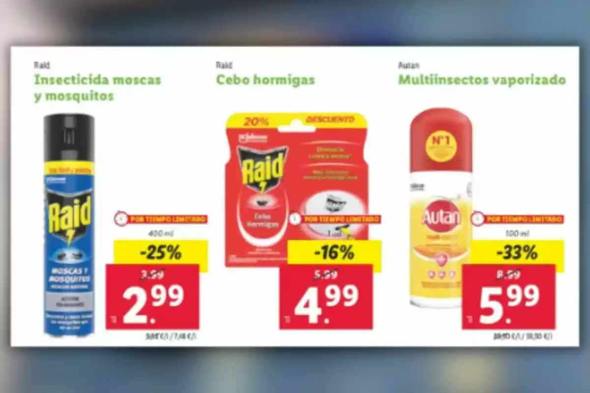 Promoció de productes insecticides de la marca Raid i Autan amb descomptes per temps limitat, incloent insecticida per a mosques i mosquits, esquer per a formigues i multiinsectes vaporitzat. Promoció de productes insecticides de la marca Raid i Autan amb descomptes per temps limitat, incloent insecticida per a mosques i mosquits, esquer per a formigues i multiinsectes vaporitzat.
