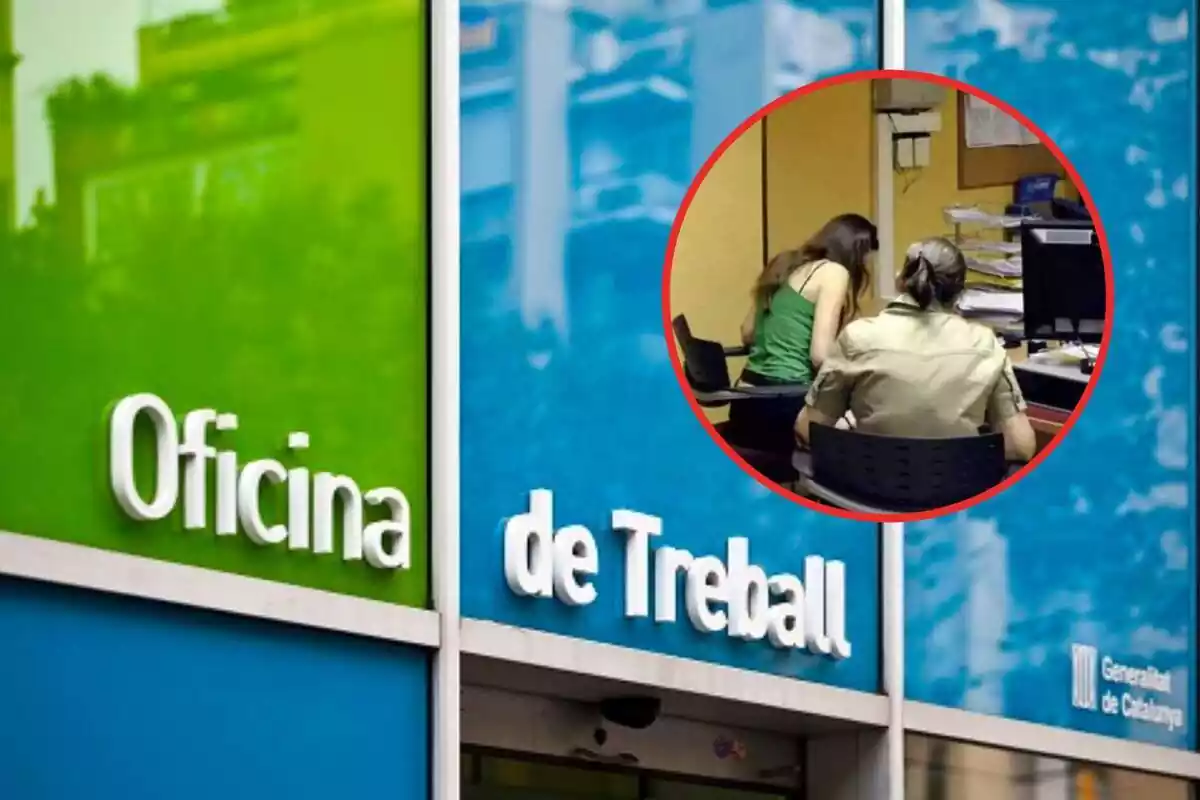 Muntatge amb una oficina de treball a Catalunya i un cercle amb una imatge d'unes oficines