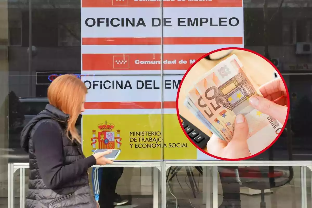 Una dona passant per davant d'una oficina d'ocupació i uns bitllets d'euro