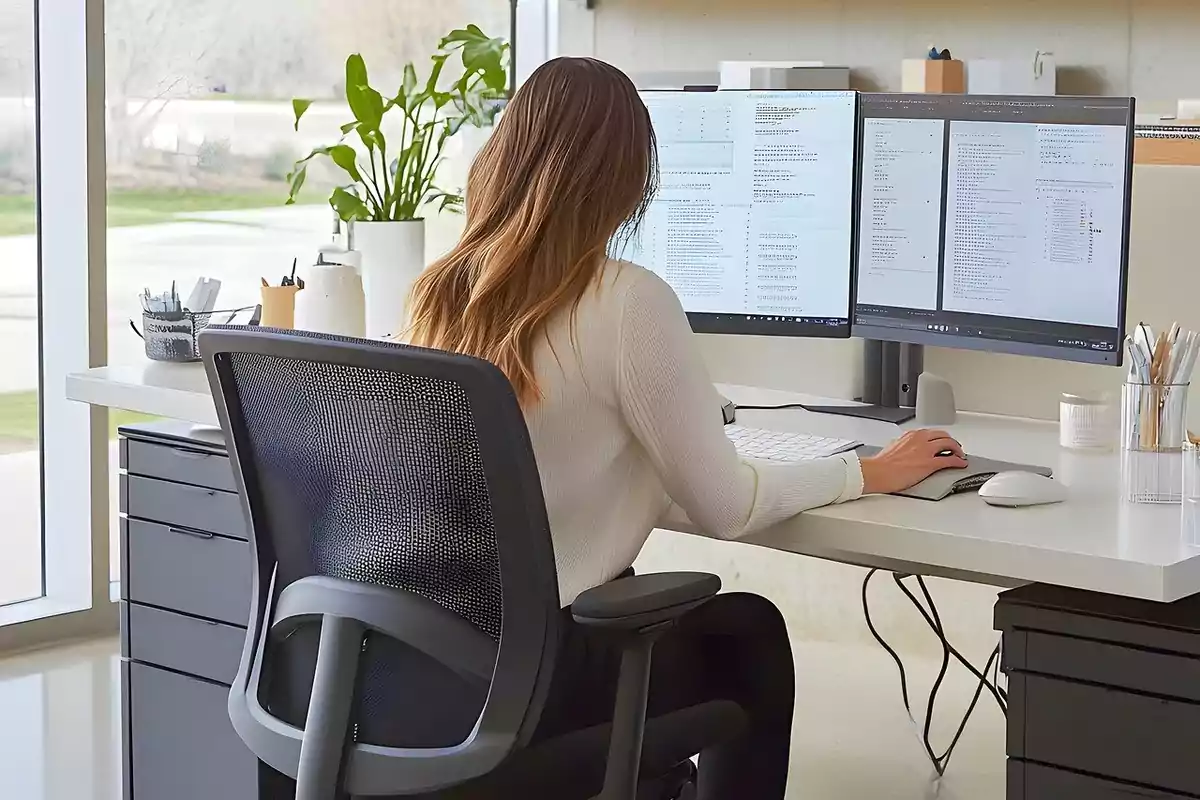 Una persona treballant en un escriptori amb dos monitors, envoltada de plantes i material d'oficina.