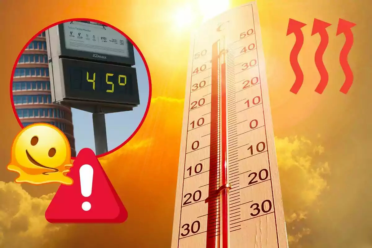 La imatge mostra un termòmetre marcant una temperatura alta, amb un fons de cel assolellat i un símbol de calor, juntament amb un rètol digital que indica 45 graus Celsius i un emoji fos amb un signe d'advertència.