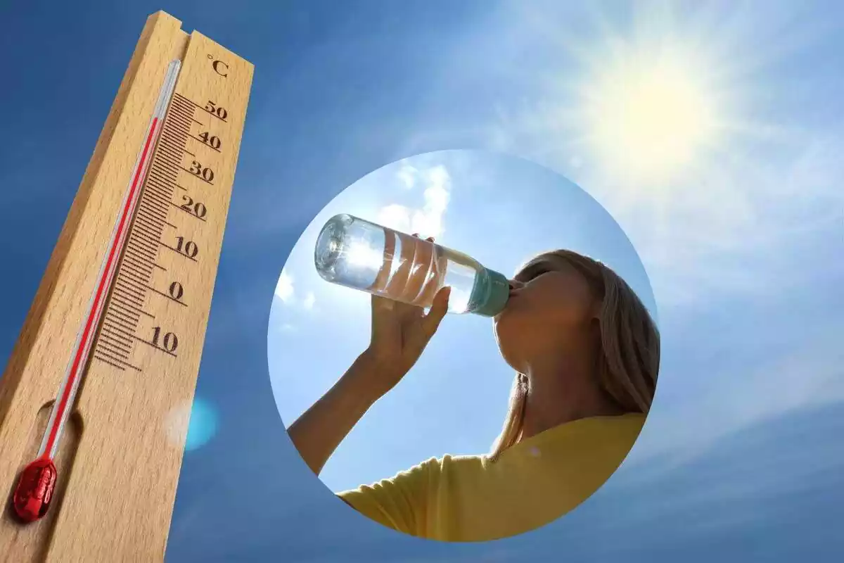 Muntatge d'una persona bevent aigua i de fons un cel blau amb el sol i un termòmetre
