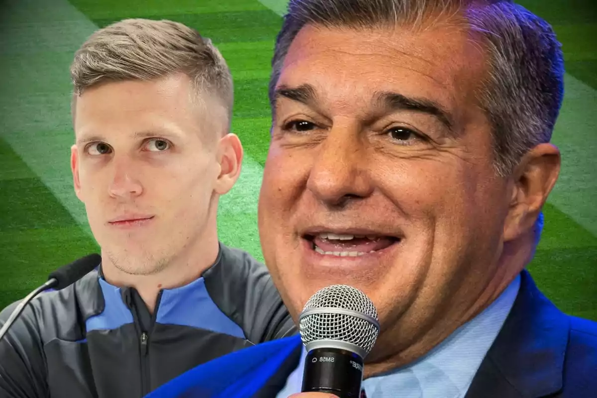 Two men, one with a microphone and the other with a sports jacket, on a grass background. Two men, one with a microphone and the other with a sports jacket, on a grass background.