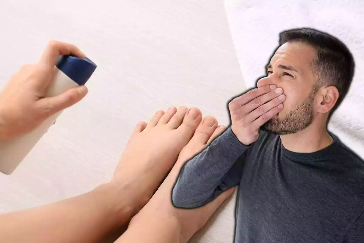 Persona tirant-se desodorant de peus i home tapant-se el nas