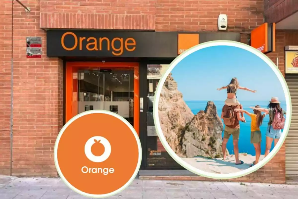 Façana d´una botiga Orange amb un logotip i una imatge de persones gaudint d´un paisatge costaner.