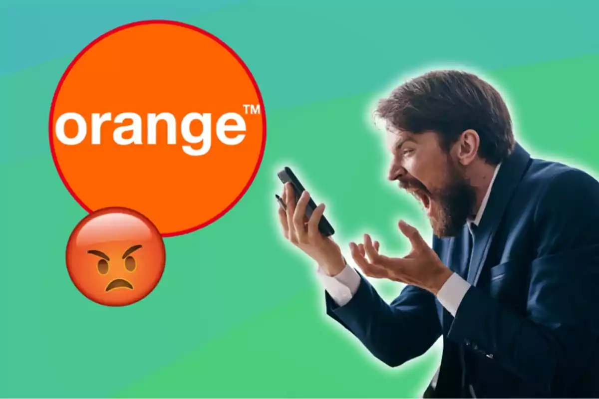 Home enutjat cridant al telèfon amb el logo d'Orange i un emoji d'enuig.