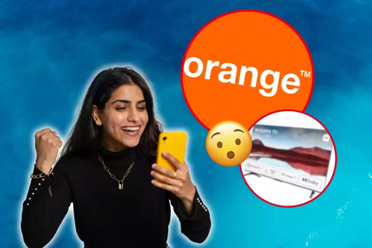 Dona somrient i aixecant el puny mentre mira el telèfon groc, amb el logotip d'Orange i un emoji sorprès al fons.