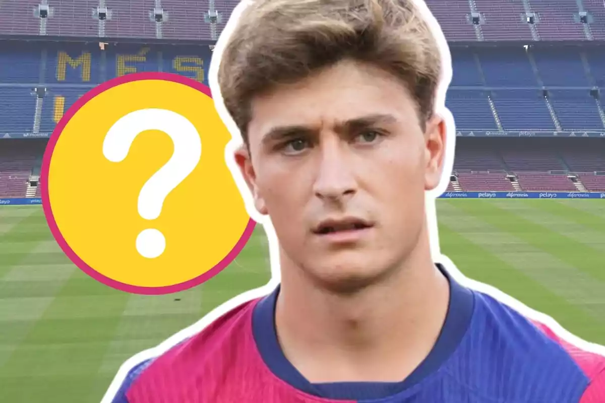 A player in a blue and red jersey is in an empty stadium with a large yellow question mark next to him. A player in a blue and red jersey is in an empty stadium with a large yellow question mark next to him.