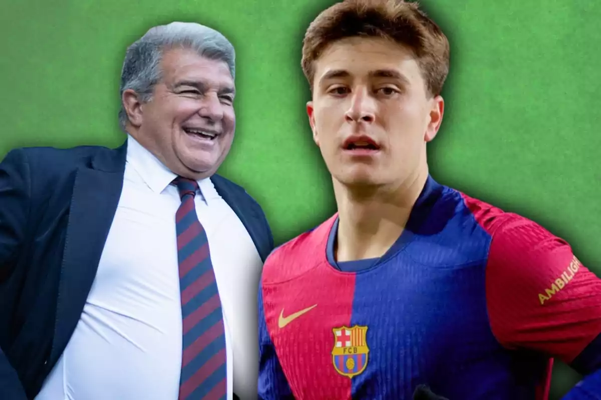 Two people, one in a suit and tie smiling and the other in a Barcelona football jersey, against a green background. Two people, one in a suit and tie smiling and the other in a Barcelona football jersey, against a green background.