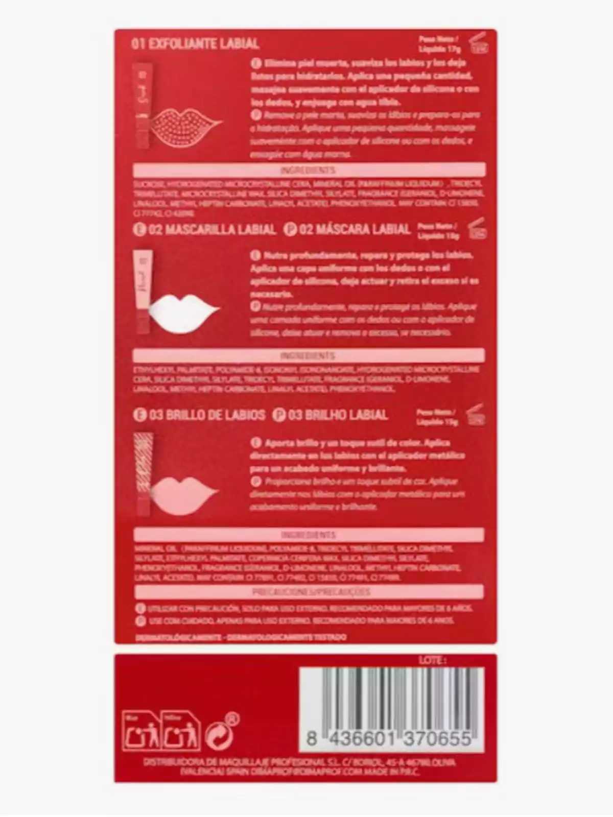 Imatge d'un embalatge vermell que conté informació sobre un set de cura labial, incloent-hi un exfoliant, una màscara i un brillantor de llavis, amb instruccions d'ús, ingredients i precaucions en diversos idiomes. Imatge d'un embalatge vermell que conté informació sobre un set de cura labial, incloent-hi un exfoliant, una màscara i un brillantor de llavis, amb instruccions d'ús, ingredients i precaucions en diversos idiomes.