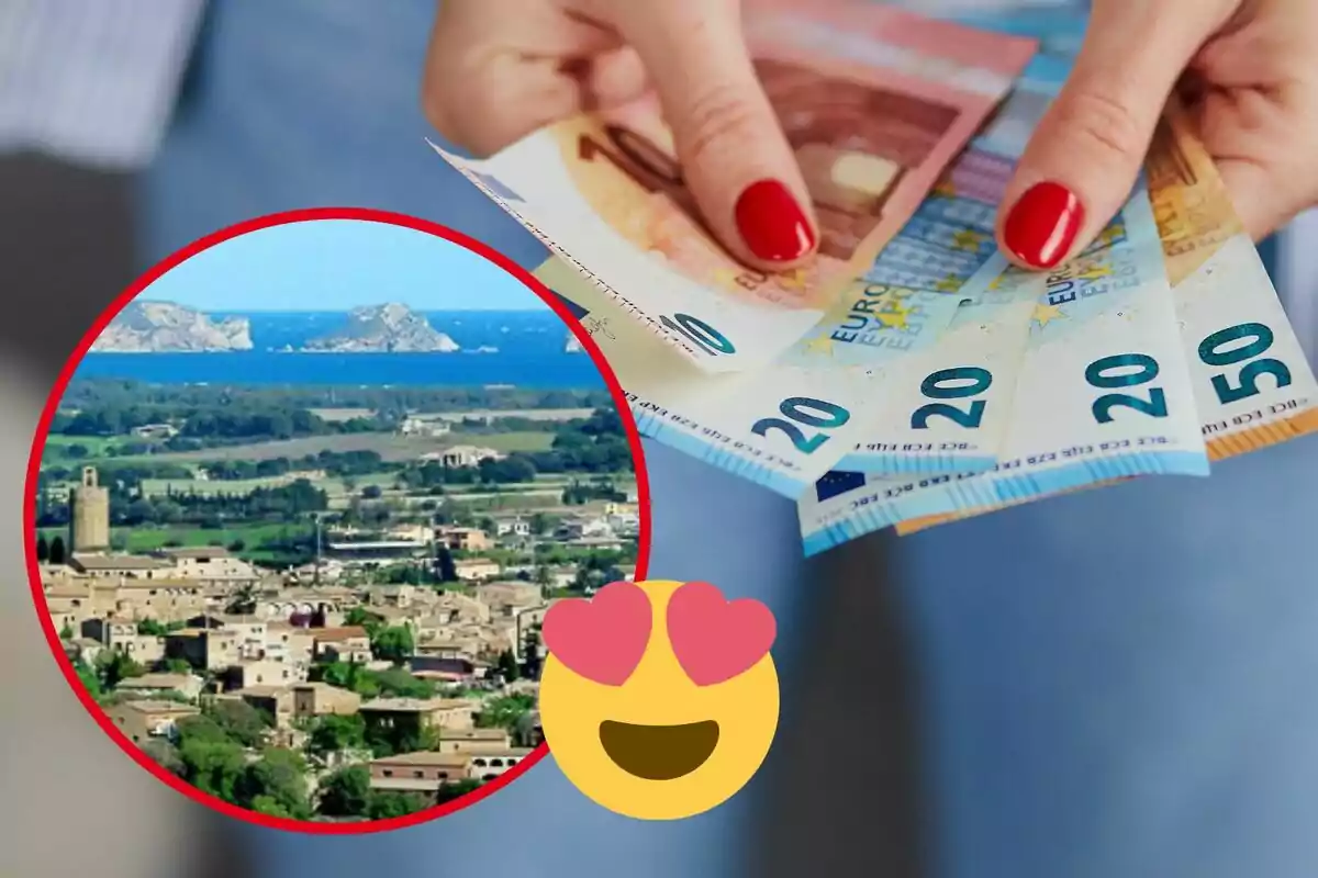 Mà sostenint bitllets d?euro amb una imatge d?un paisatge i un emoji de cara amb cors.