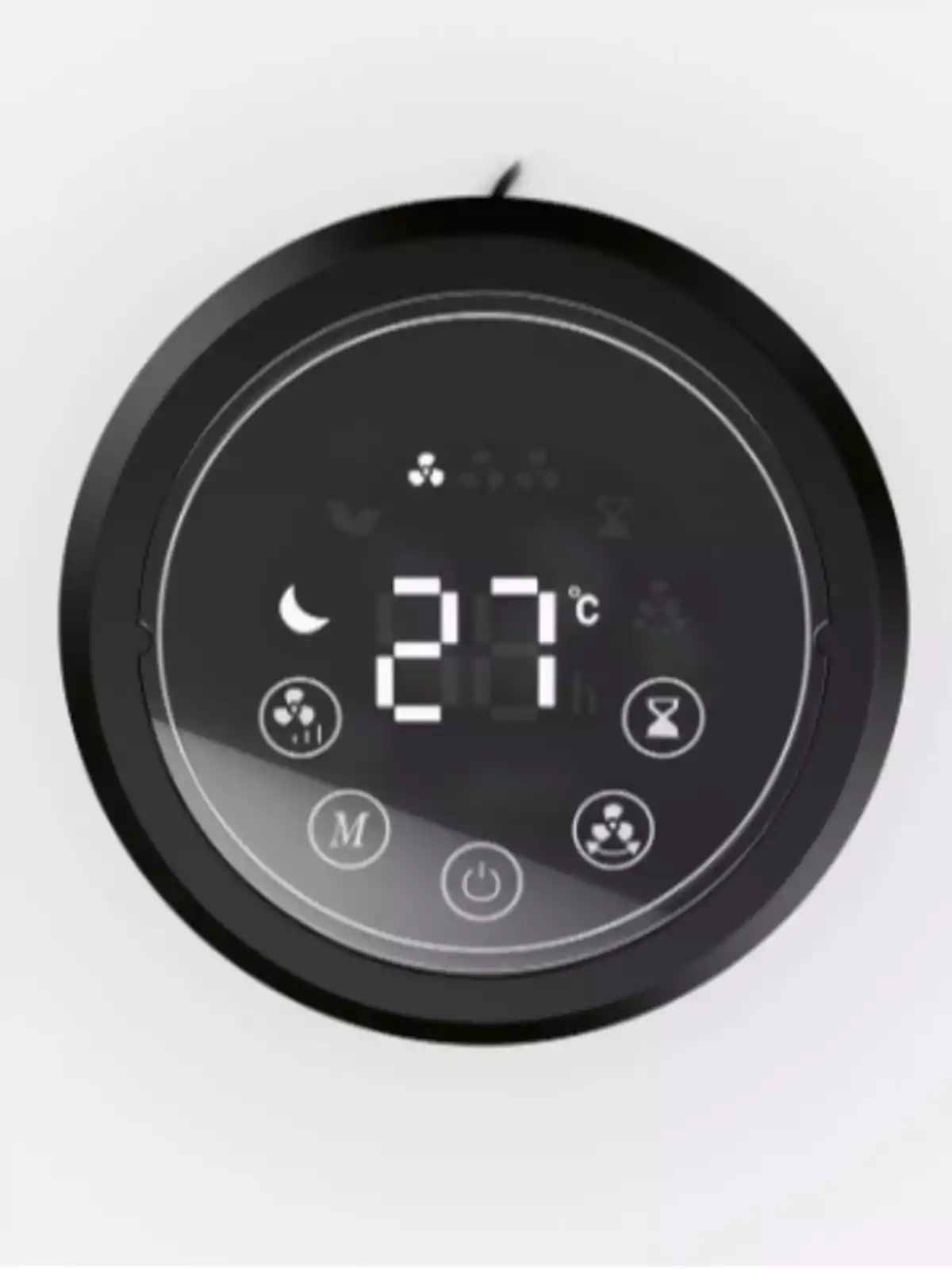 Panell de control digital circular d’un dispositiu de climatització que mostra una temperatura de 27 graus Celsius amb diversos icones tàctils al voltant de la pantalla Panell de control digital circular d’un dispositiu de climatització que mostra una temperatura de 27 graus Celsius amb diversos icones tàctils al voltant de la pantalla