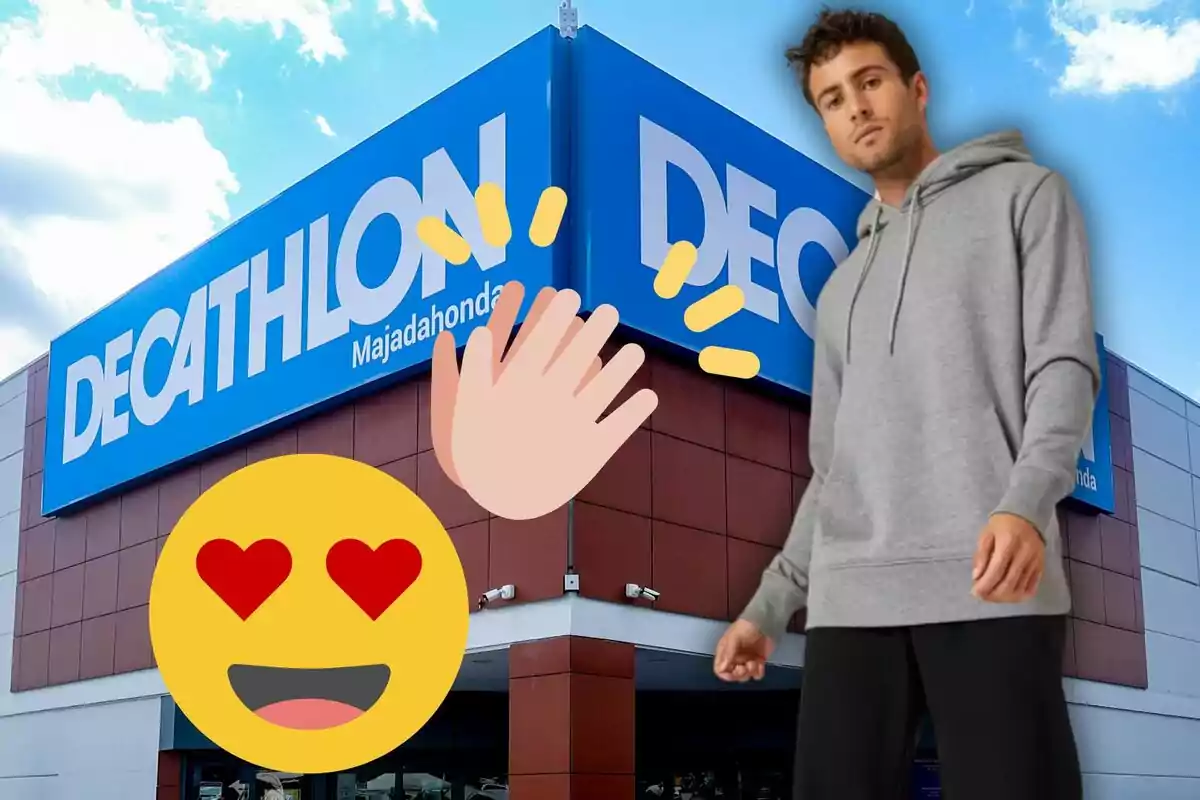 Un home amb dessuadora grisa davant d'una botiga de Decathlon amb emojis d'aplaudiments i cara enamorada.