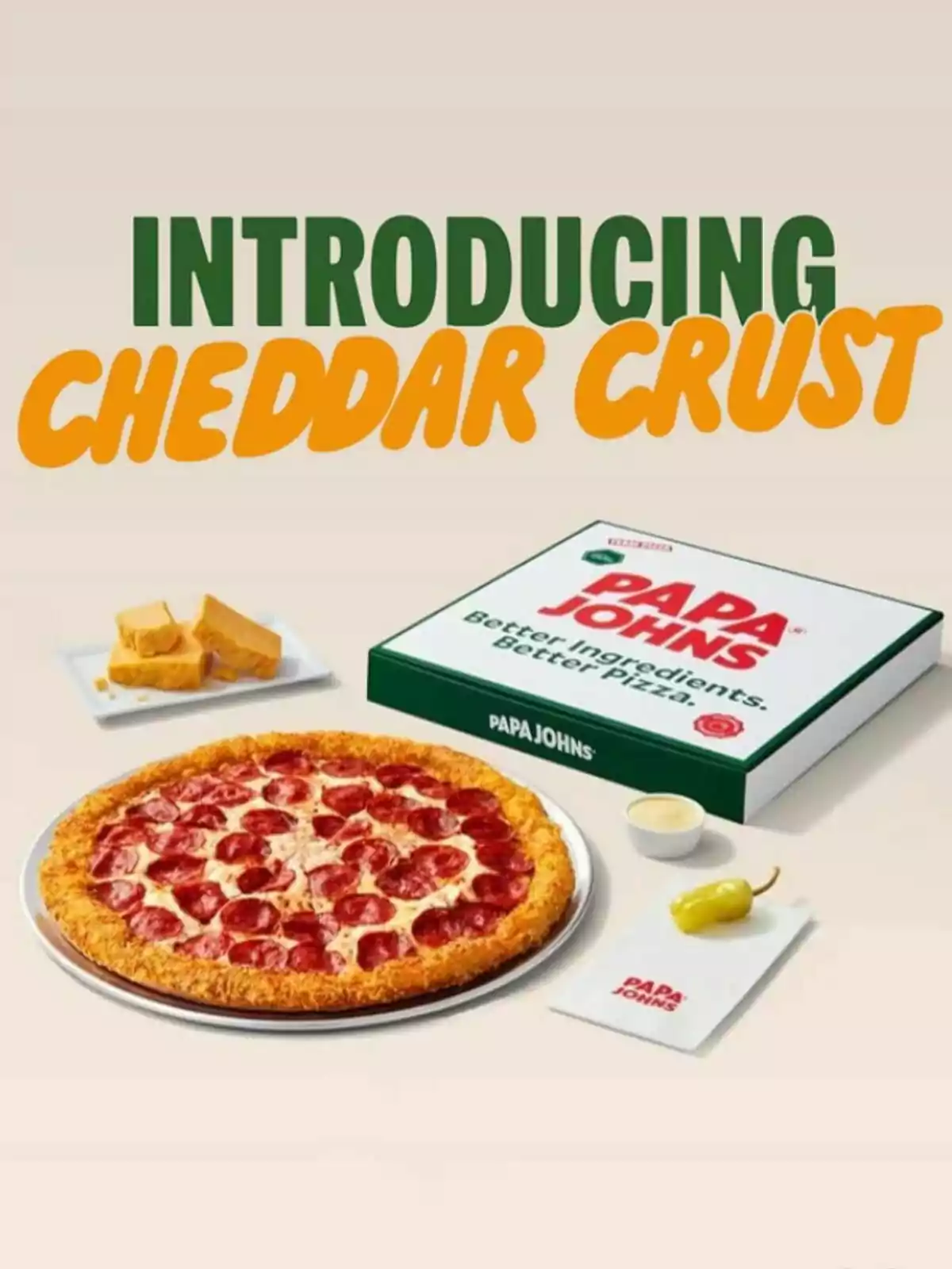 Papa John’s pepperoni pizza with a cheddar-stuffed crust, served with a box, a sauce container, a pepper, and pieces of cheddar cheese Papa John’s pepperoni pizza with a cheddar-stuffed crust, served with a box, a sauce container, a pepper, and pieces of cheddar cheese