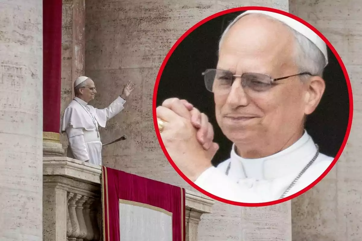 A man dressed in papal attire waves from a balcony with an enlarged image of his face in a red circle.