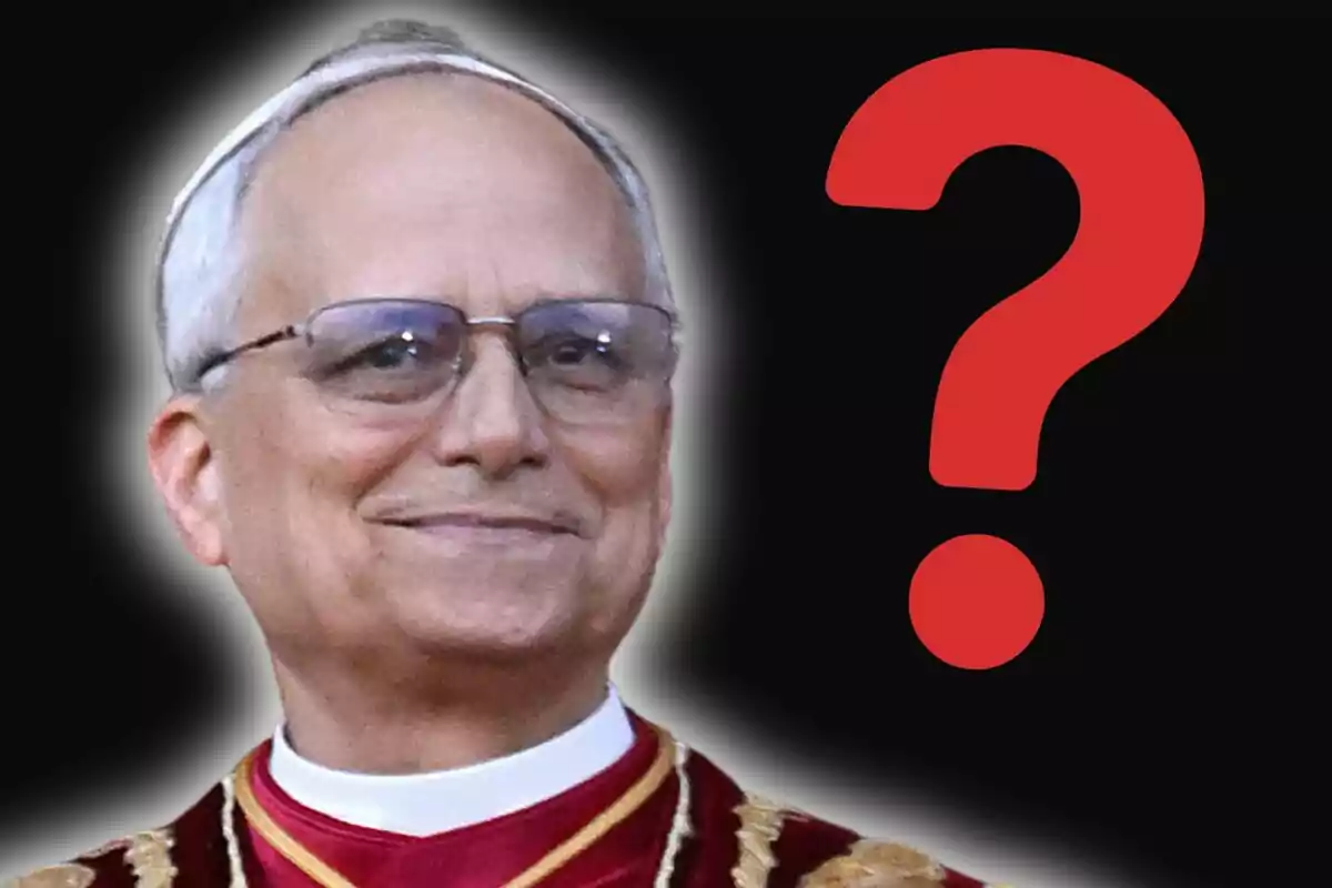 An elderly man with glasses and religious attire smiles as a large red question mark appears next to him against a black background.