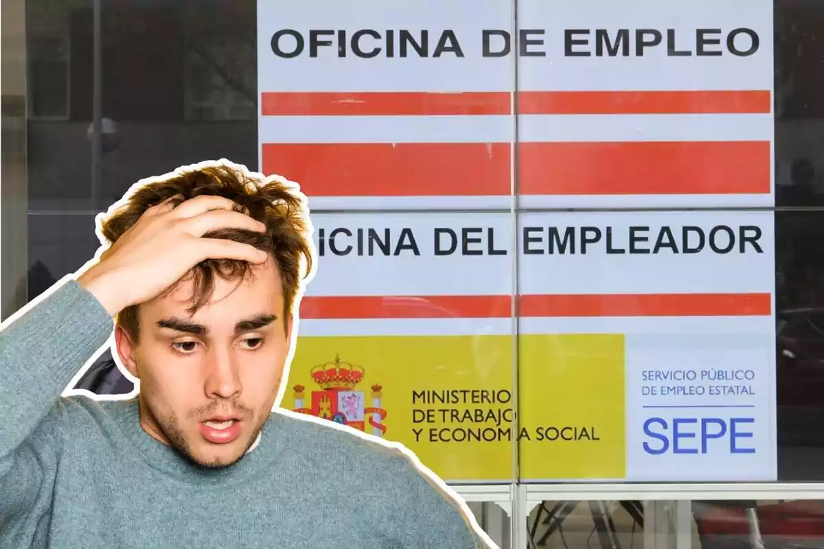 Imatge de fons d´un cartell d´una oficina del SEPE i una altra d´un home amb gest preocupat