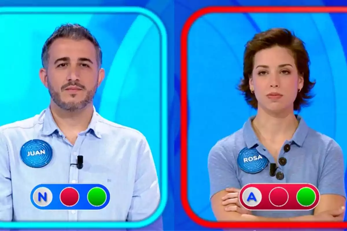 En Joan i la Rosa apareixen en pantalla dividida, tots dos amb samarretes blaves i plaques amb els seus noms, un amb fons blau i l’altre amb fons vermell, mostrant indicadors de respostes correctes i incorrectes. Captura de ‘Pasapalabra’ En Joan i la Rosa apareixen en pantalla dividida, tots dos amb samarretes blaves i plaques amb els seus noms, un amb fons blau i l’altre amb fons vermell, mostrant indicadors de respostes correctes i incorrectes. Captura de ‘Pasapalabra’