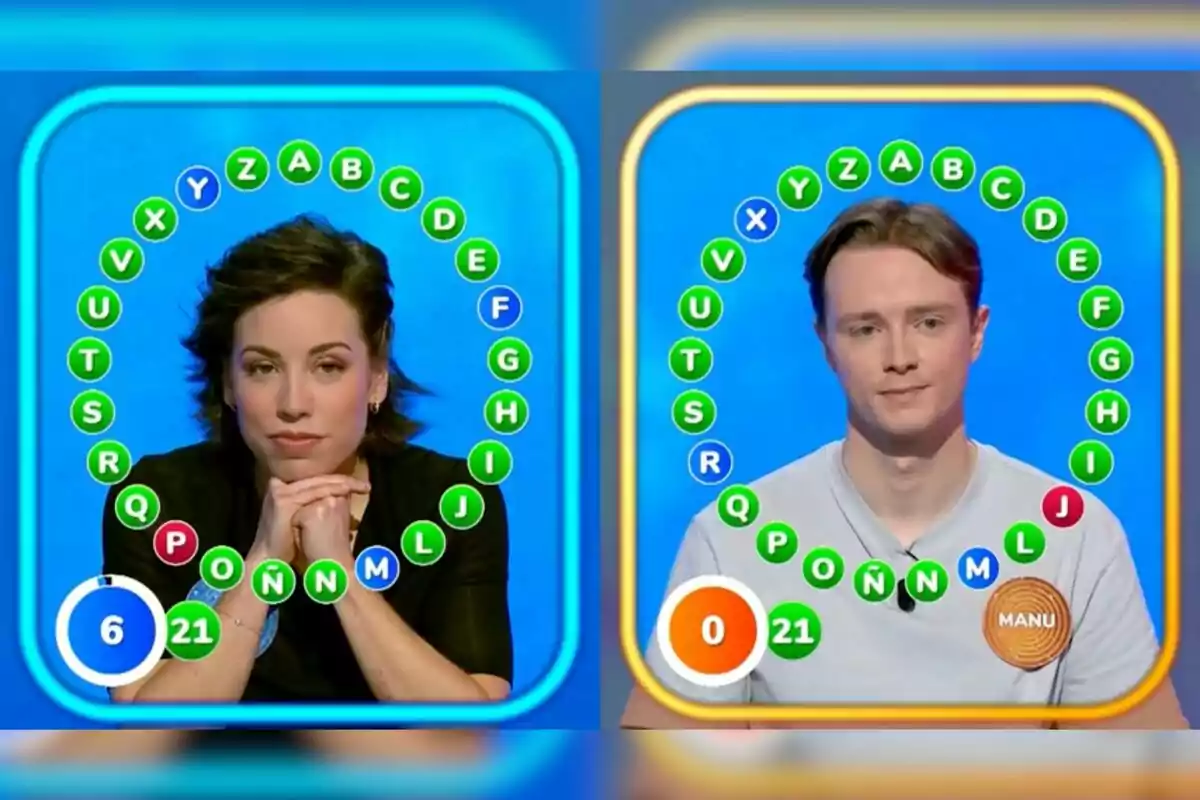 Rosa and Manu are taking part in the final round of a TV game show, each with a circle of letters around them and a scoreboard showing correct answers and remaining time. Screenshot from 'Pasapalabra'