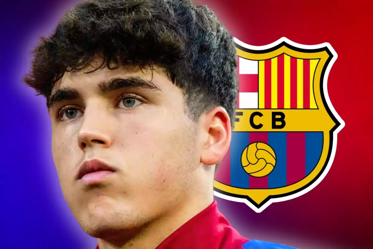 Young man wearing a FC Barcelona jersey in front of the club's crest.