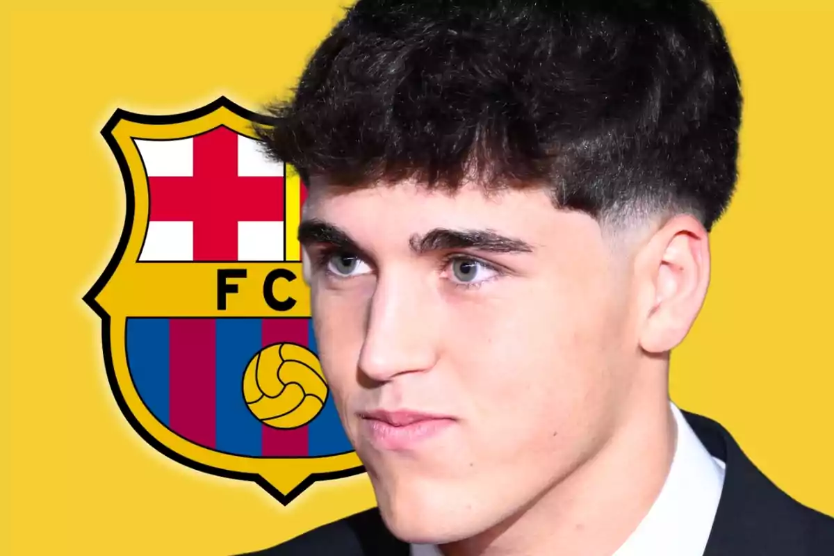 A young man with dark hair in front of the FC Barcelona crest on a yellow background.