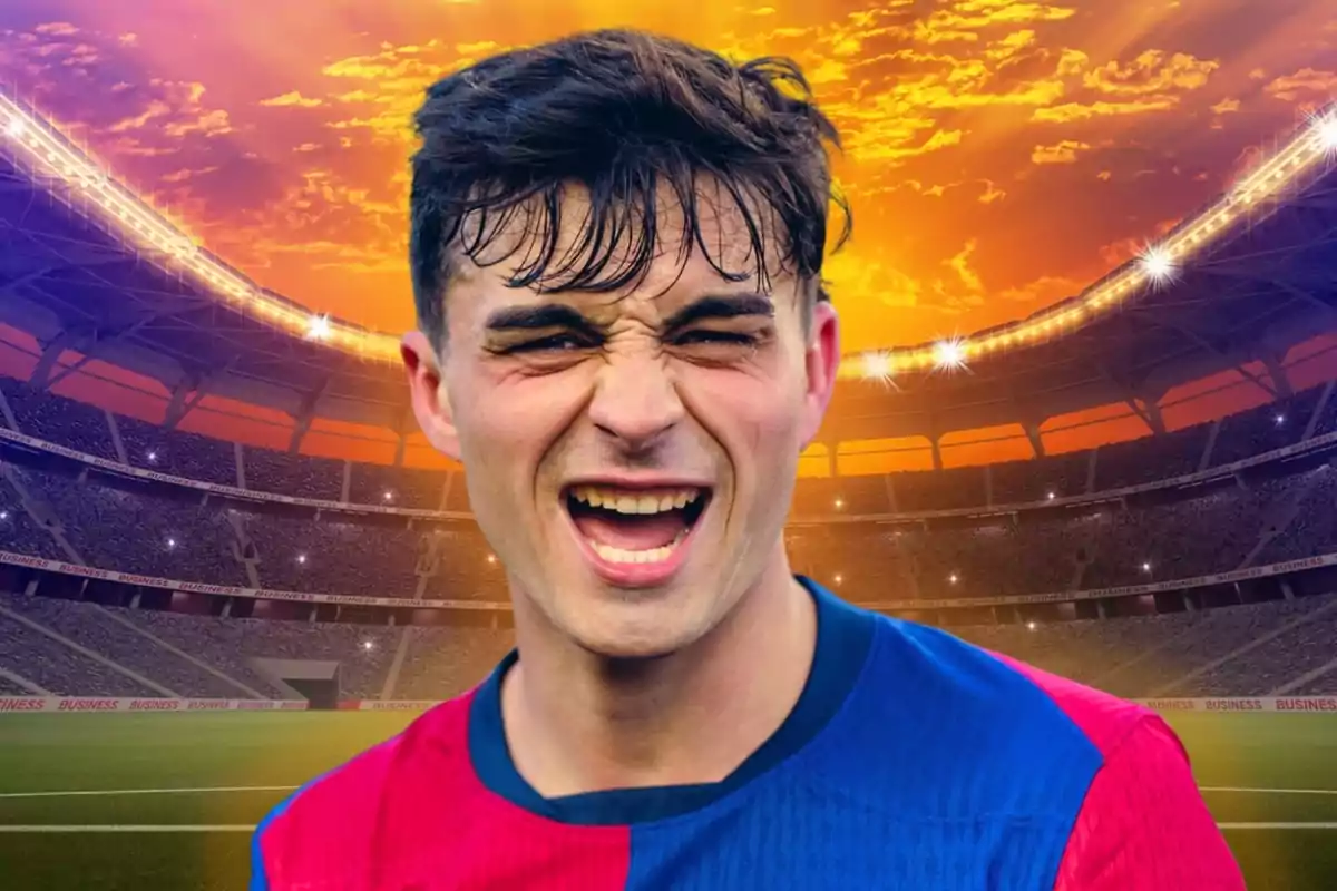 A smiling player in a stadium with a sunset sky.
