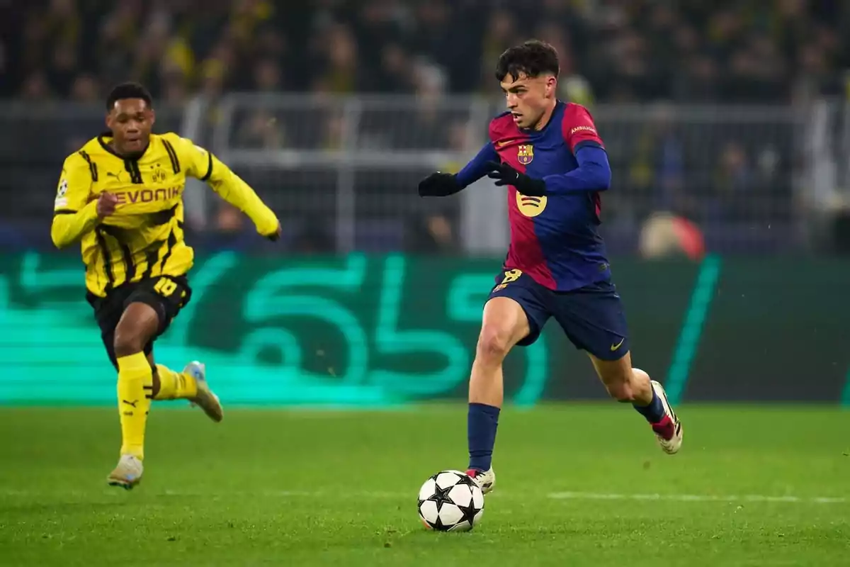 Two soccer players compete for the ball in a game, one wears a blue and red uniform and the other a yellow and black one. Two soccer players compete for the ball in a game, one wears a blue and red uniform and the other a yellow and black one.