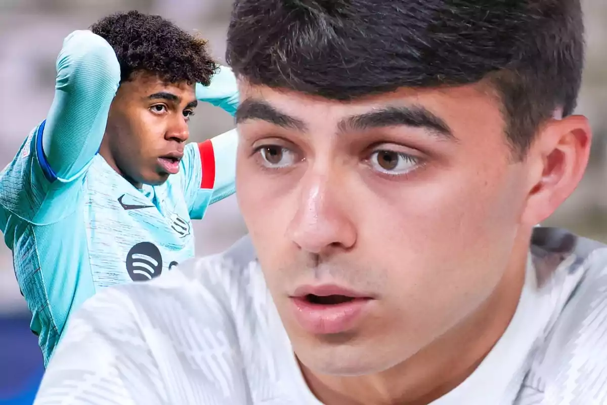 Two young footballers in a composite image, one with his hands on his head and the other in the foreground with a serious expression.