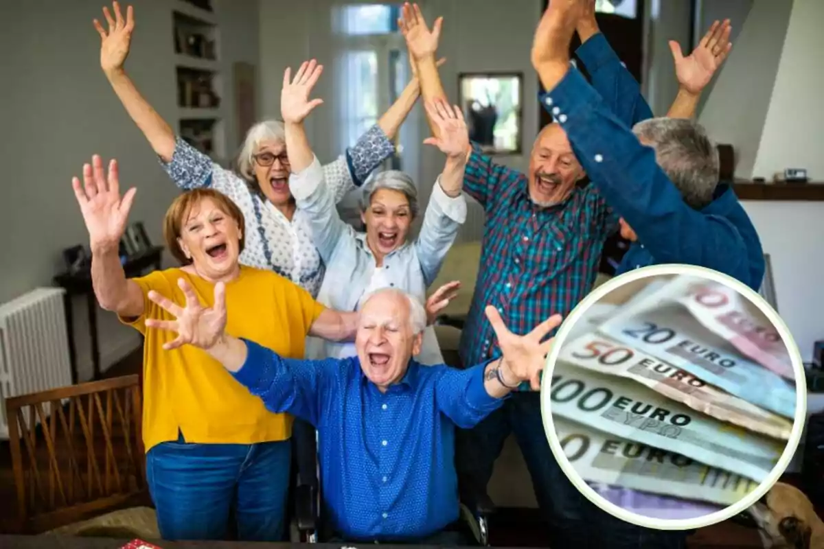 Un grup de gent gran celebra amb entusiasme mentre aixequen els braços, amb una imatge superposada de bitllets d?euro.