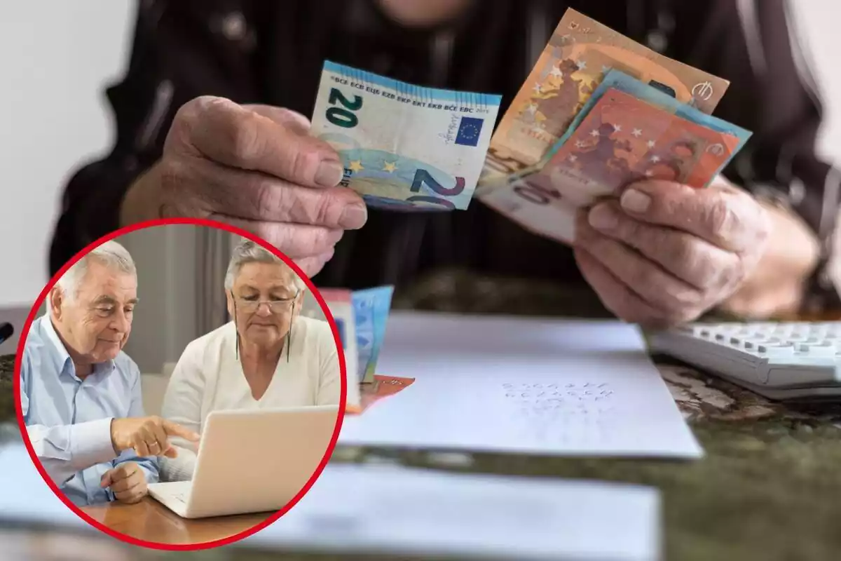 Imatge de fons d'una persona amb bitllets d'euro a la mà i una altra de dues persones grans mirant un ordinador