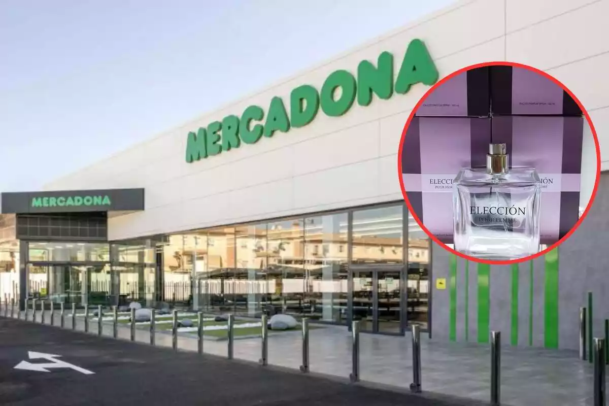 Muntatge foto supermercat Mercadona al fons amb perfum elecció