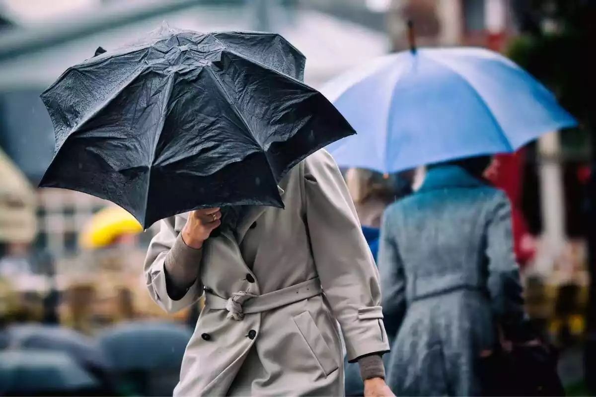 Persona subjectant un paraigua i caminant sota la pluja